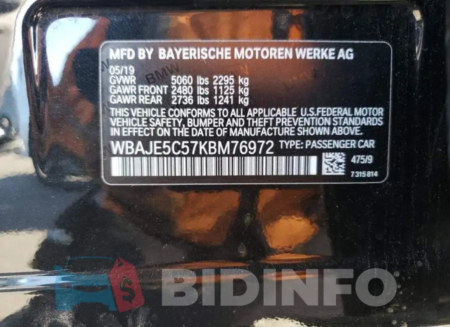 WBAJE5C57KBM76972 Photo# 13