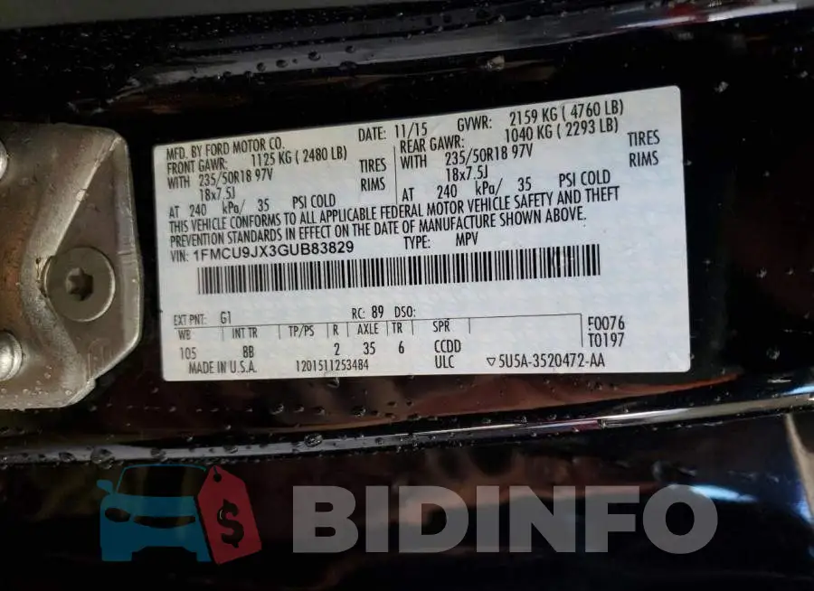 1FMCU9JX3GUB83829 Photo# 13
