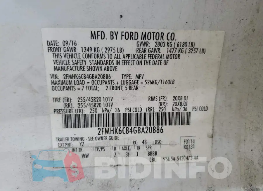 2FMHK6C84GBA20886 Photo# 13