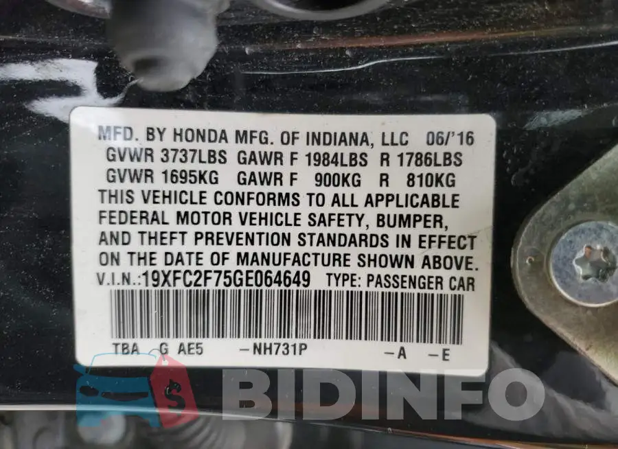 19XFC2F75GE064649 Photo# 12