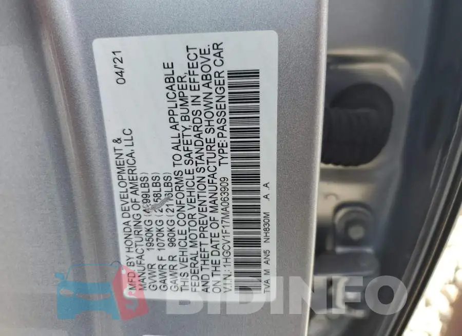 1HGCV1F17MA063909 Photo# 12