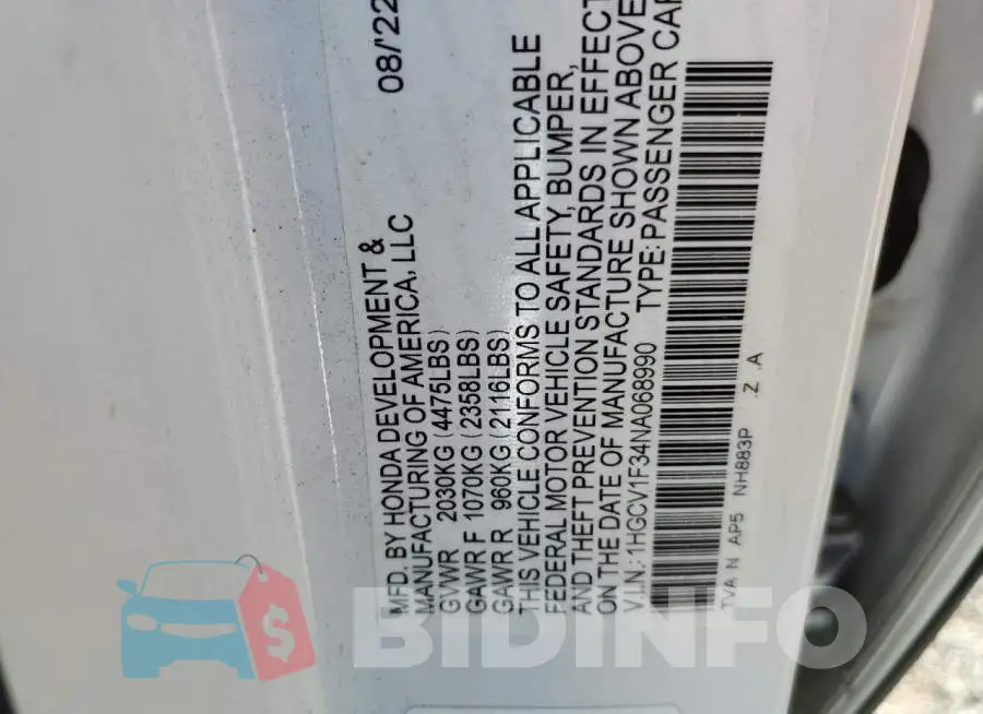 1HGCV1F34NA068990 Photo# 12