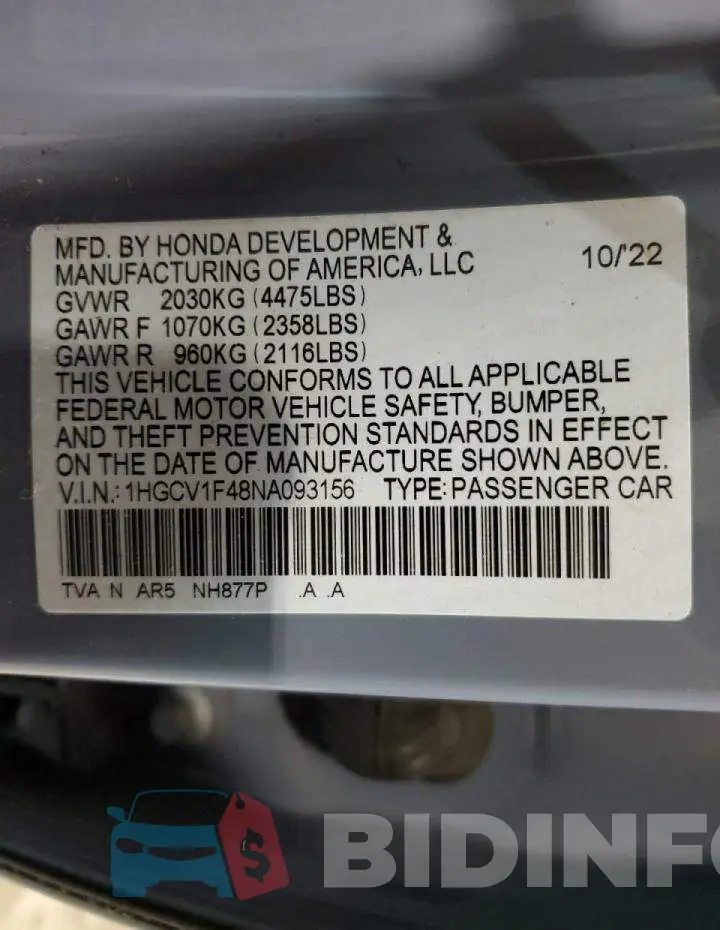 1HGCV1F48NA093156 Photo# 12
