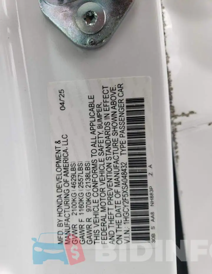 1HGCY2F5XSA048432 Photo# 12