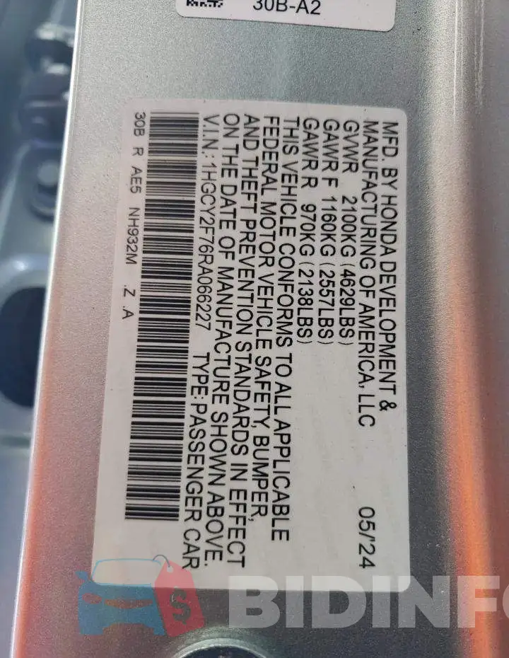 1HGCY2F76RA066227 Photo# 13