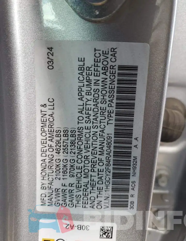 1HGCY2F84RA048091 Photo# 12
