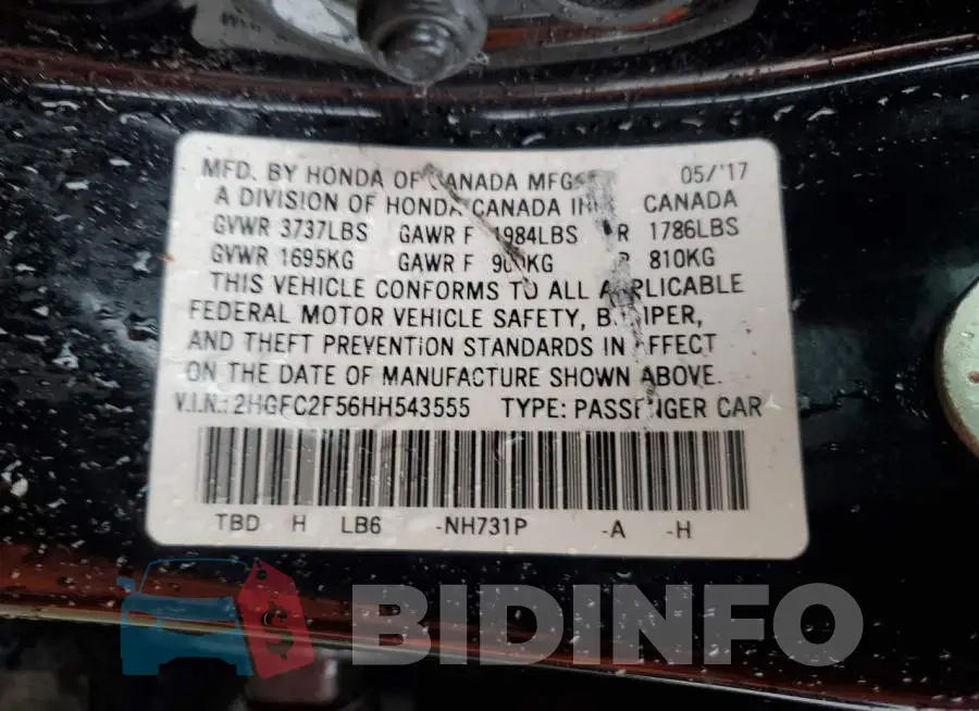2HGFC2F56HH543555 Photo# 12