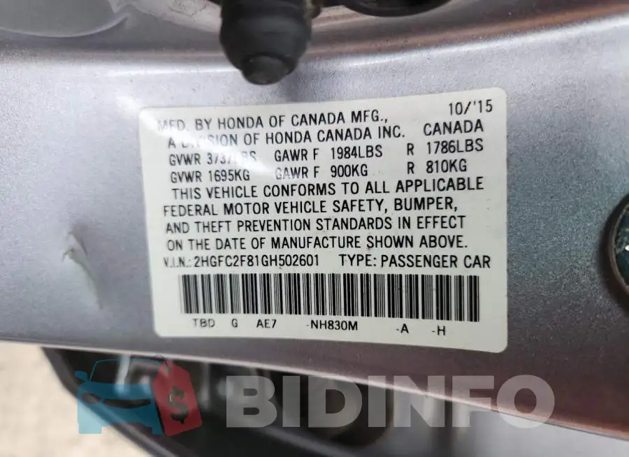 2HGFC2F81GH502601 Photo# 12