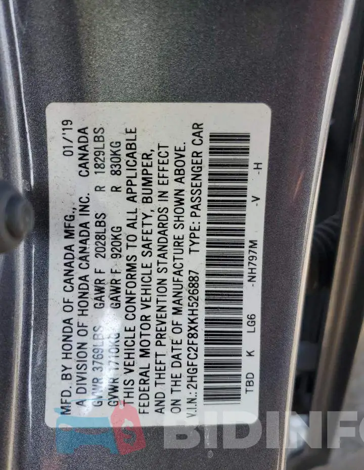 2HGFC2F8XKH526887 Photo# 12