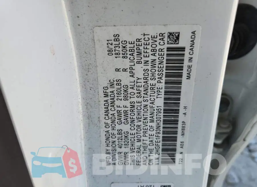 2HGFE1F93NH307951 Photo# 12