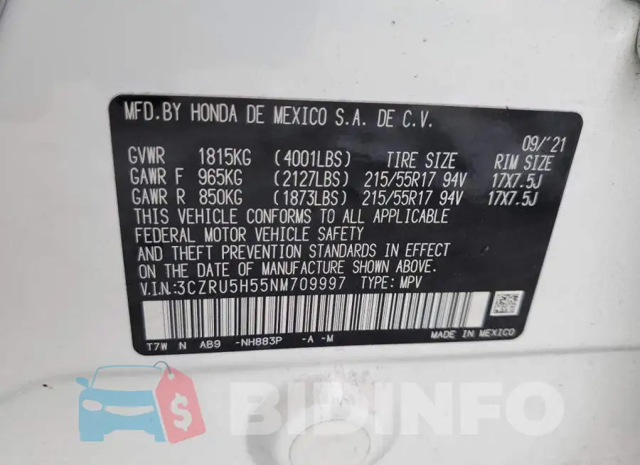 3CZRU5H55NM709997 Photo# 13