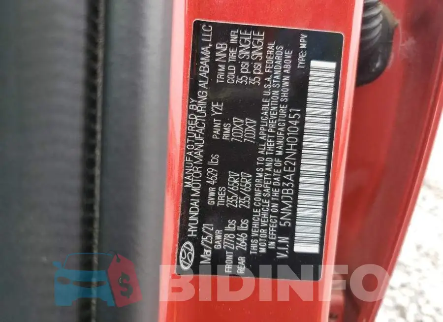 5NMJB3AE2NH010451 Photo# 13