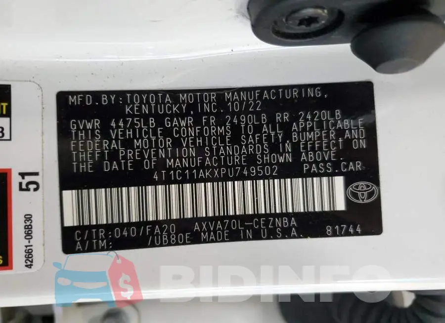 4T1C11AKXPU749502 Photo# 12