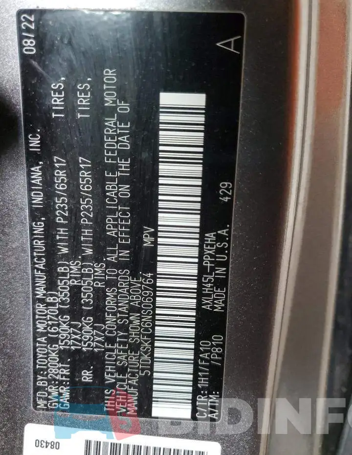 5TDKSKFC6NS069764 Photo# 13