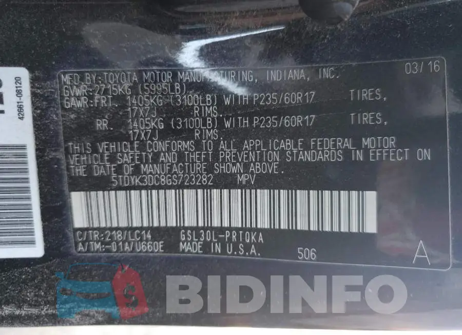 5TDYK3DC8GS723282 Photo# 14