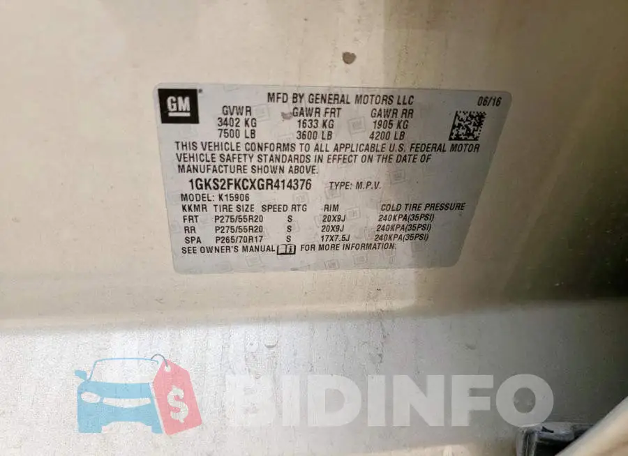 1GKS2FKCXGR414376 Photo# 13