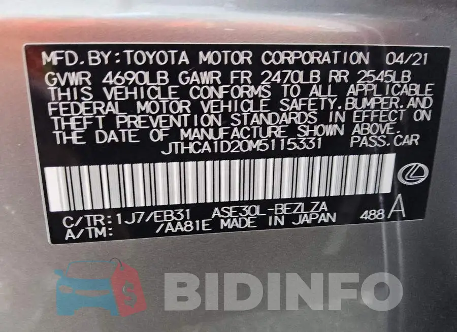 JTHCA1D20M5115331 Photo# 12