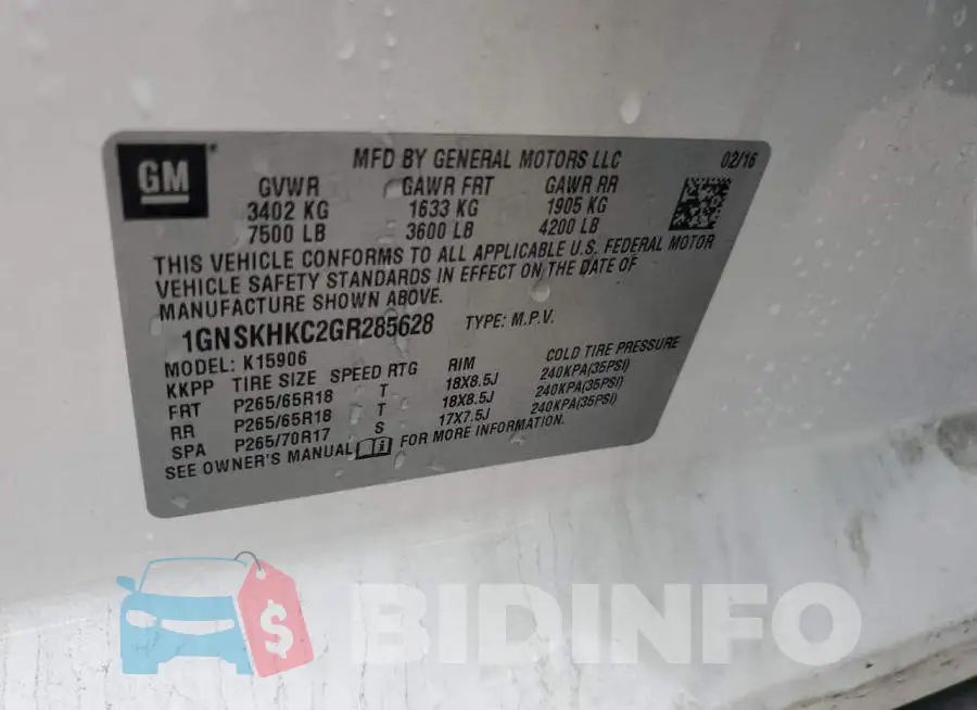 1GNSKHKC2GR285628 Photo# 13