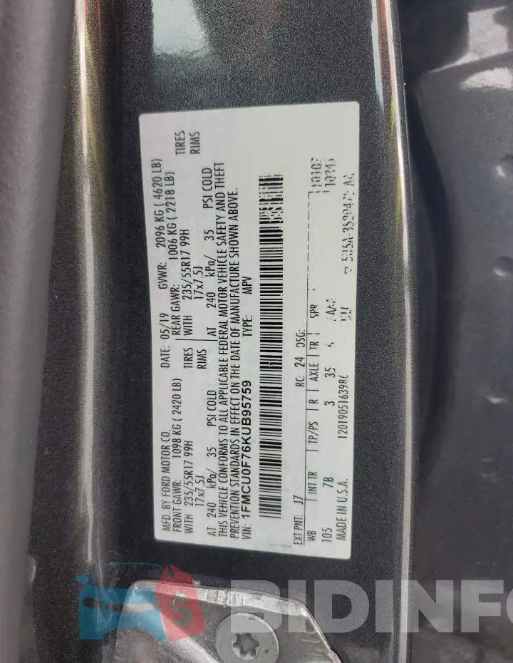 1FMCU0F76KUB95759 Photo# 14