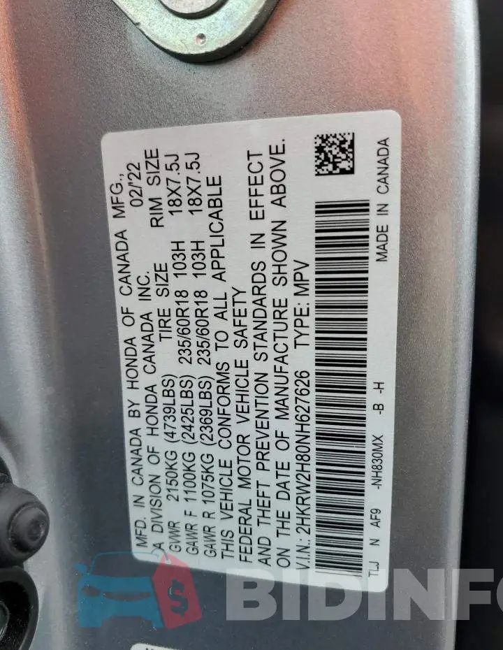 2HKRW2H80NH627626 Photo# 13