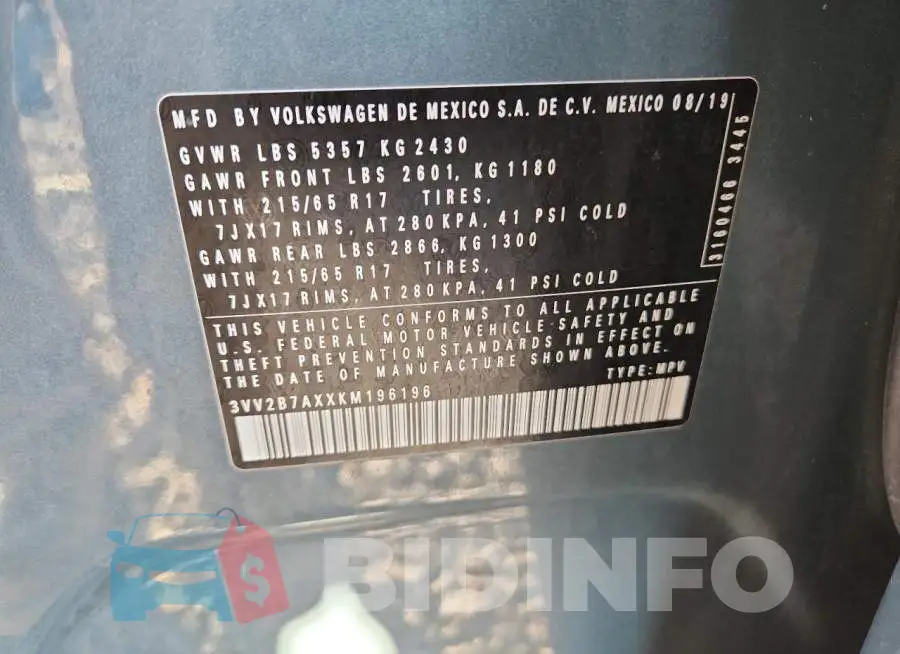 3VV2B7AXXKM196196 Photo# 13