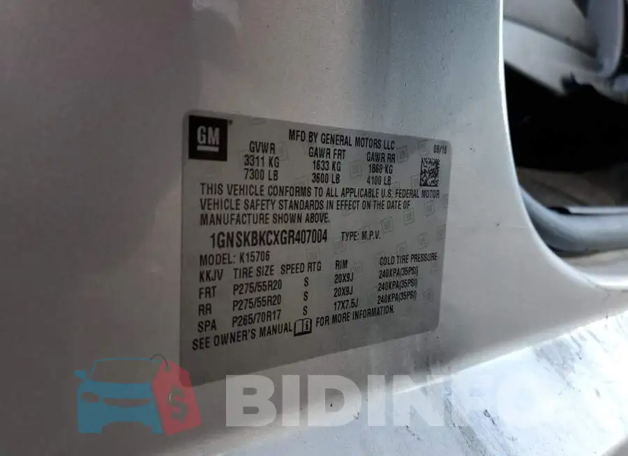 1GNSKBKCXGR407004 Photo# 13