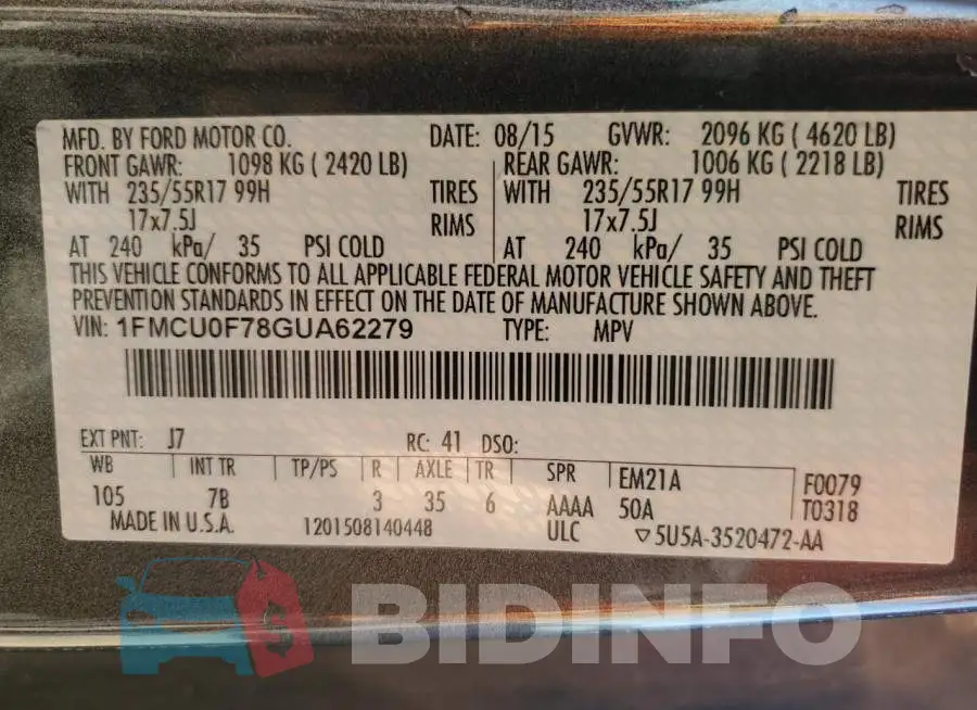 1FMCU0F78GUA62279 Photo# 13