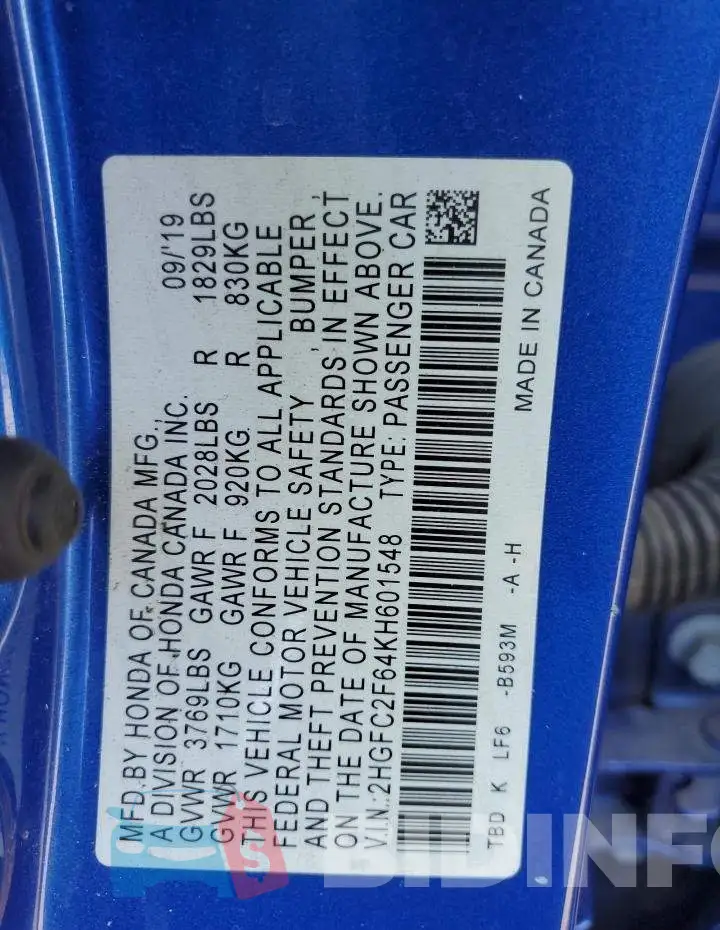 2HGFC2F64KH601548 Photo# 12