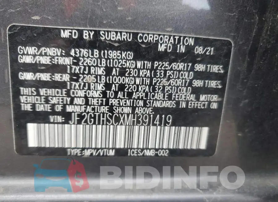 JF2GTHSCXMH391419 Photo# 13