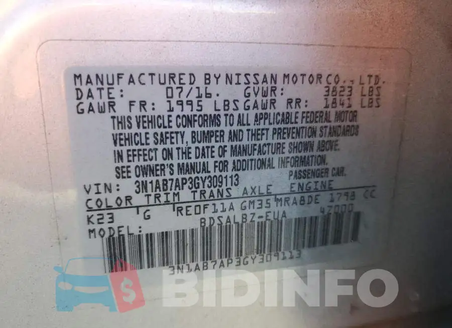 3N1AB7AP3GY309113 Photo# 12