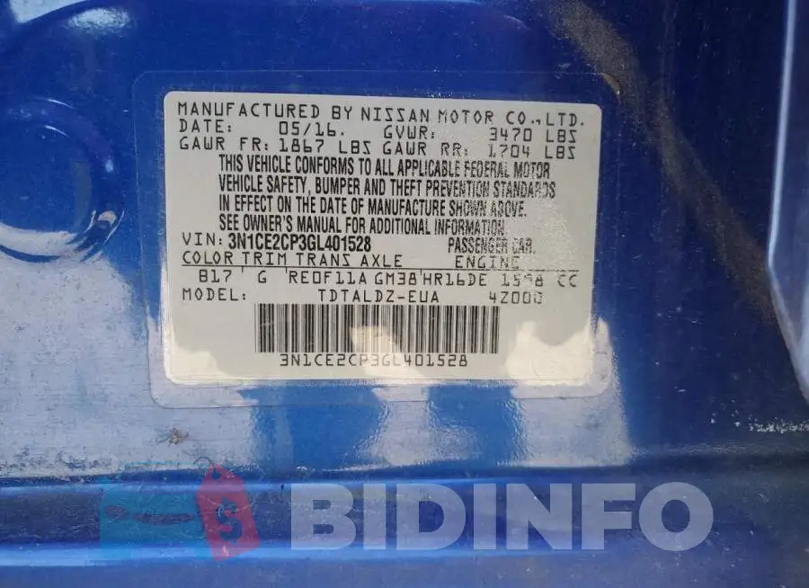 3N1CE2CP3GL401528 Photo# 13