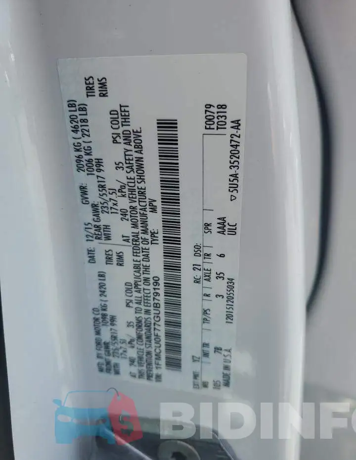 1FMCU0F77GUB79190 Photo# 13