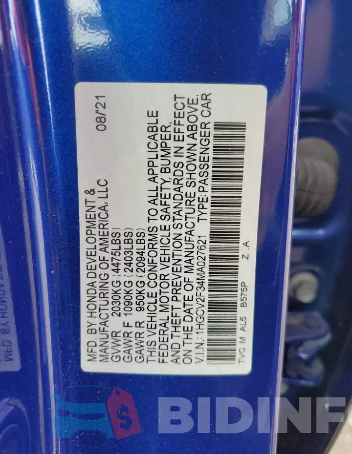 1HGCV2F34MA027621 Photo# 13
