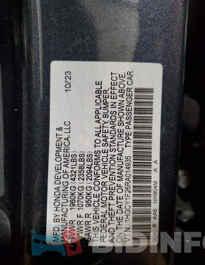 1HGCY1F26RA014935 Photo# 12