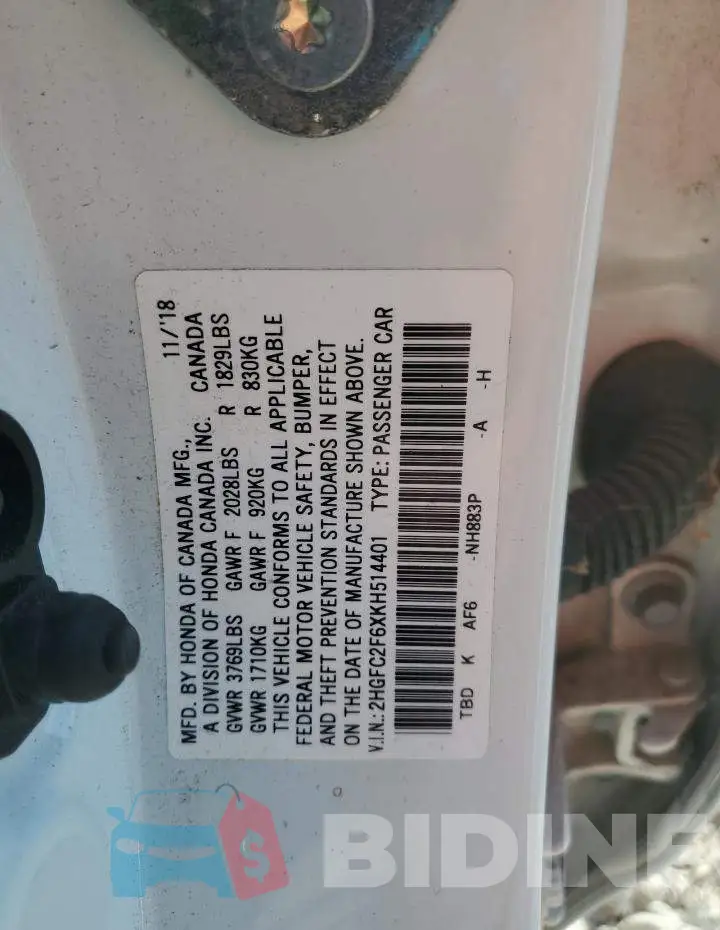 2HGFC2F6XKH514401 Photo# 12