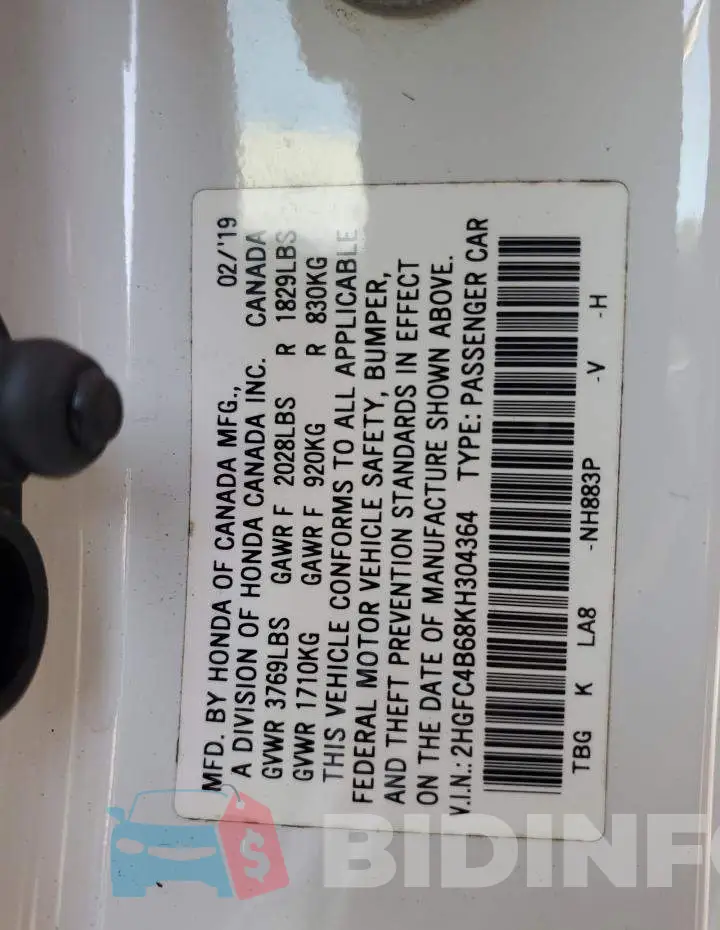 2HGFC4B68KH304364 Photo# 12