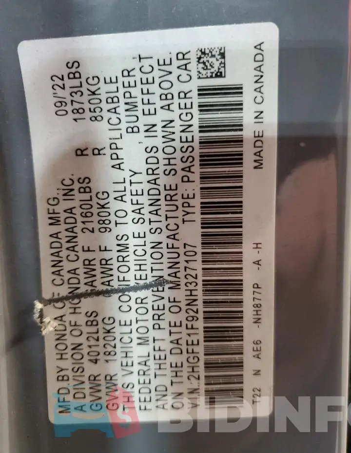 2HGFE1F92NH327107 Photo# 12
