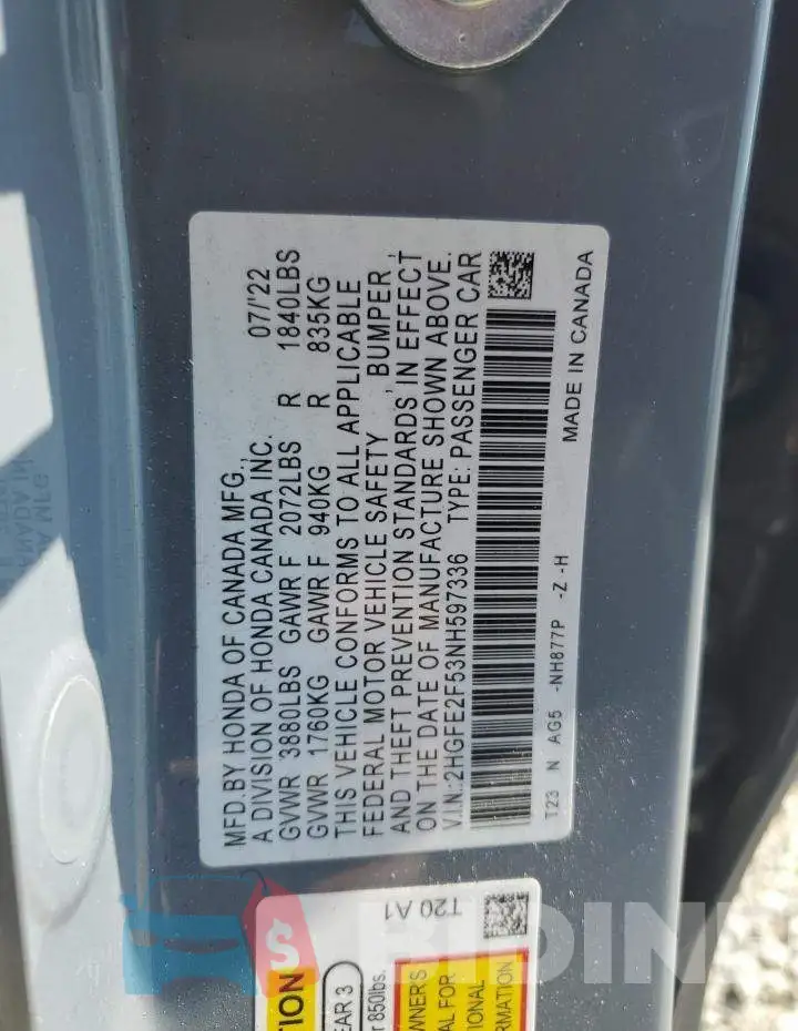 2HGFE2F53NH597336 Photo# 12