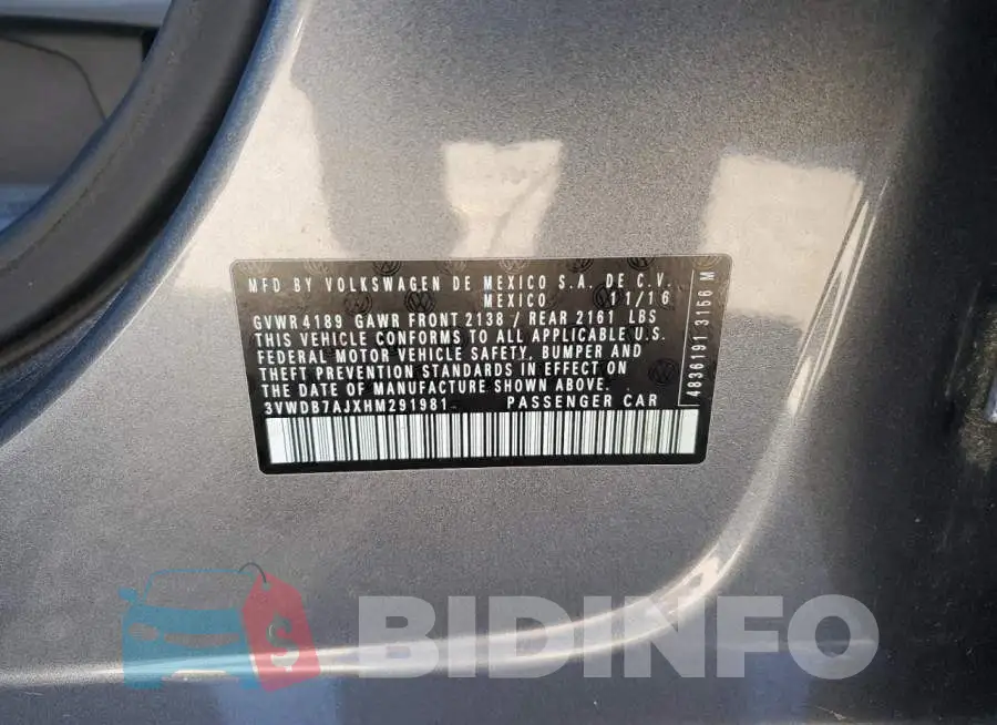 3VWDB7AJXHM291981 Photo# 12