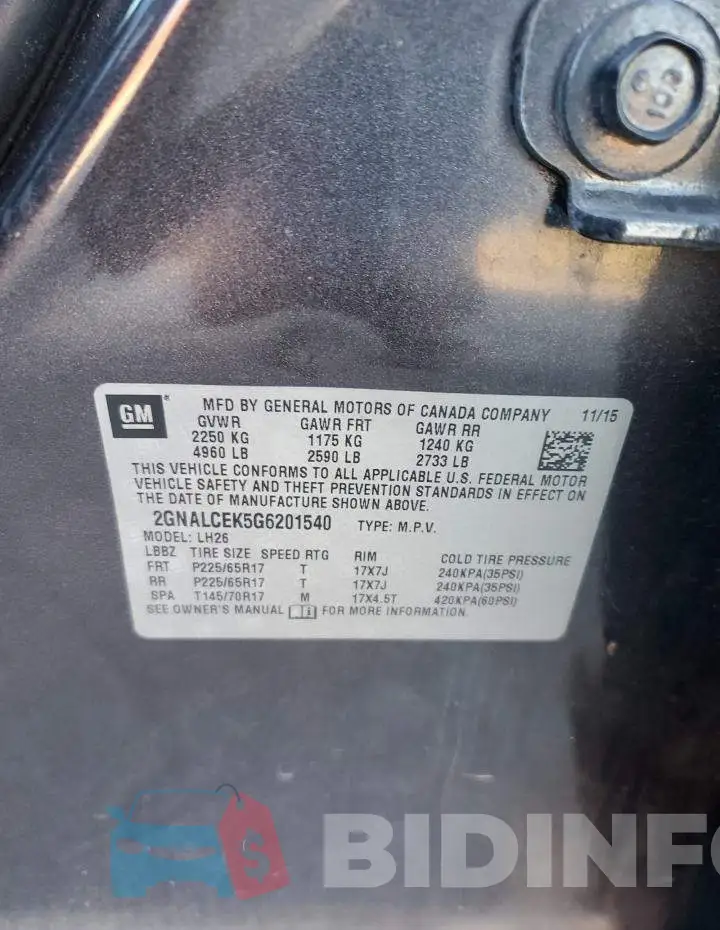 2GNALCEK5G6201540 Photo# 13