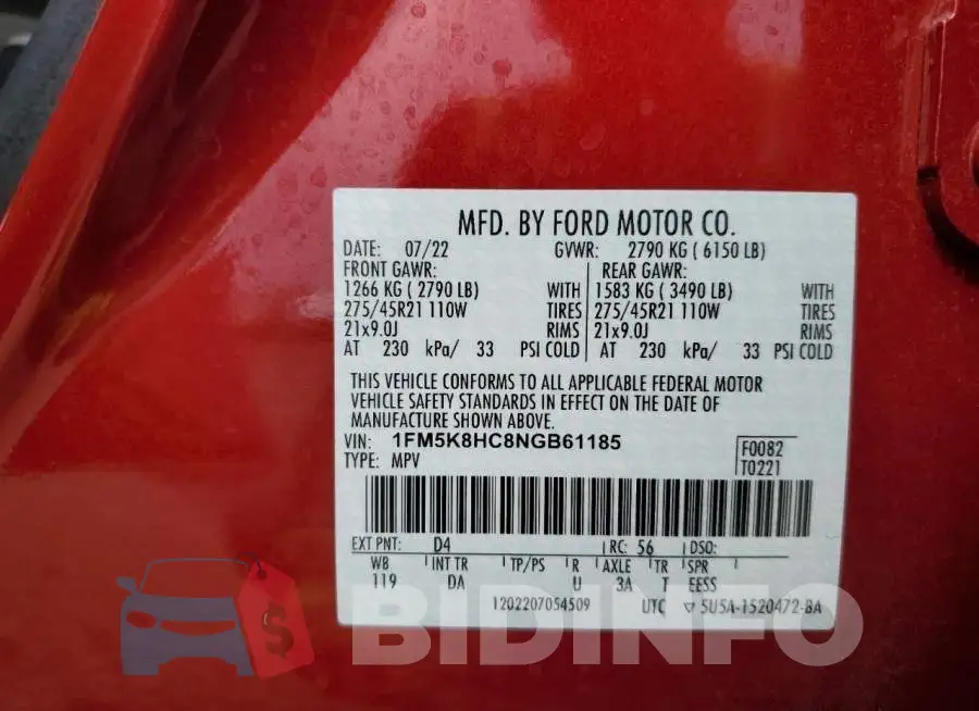 1FM5K8HC8NGB61185 Photo# 13