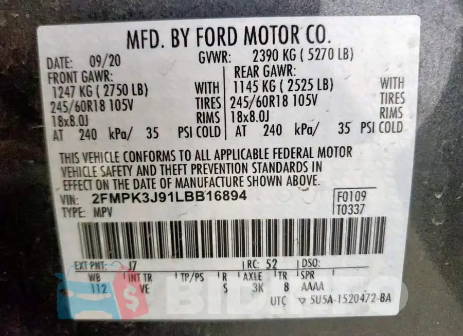 2FMPK3J91LBB16894 Photo# 12