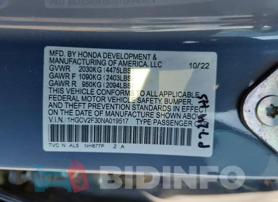 1HGCV2F30NA019517 Photo# 12