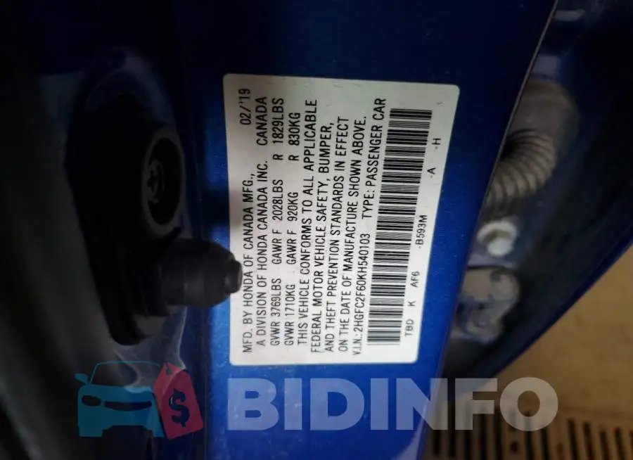 2HGFC2F60KH540103 Photo# 13