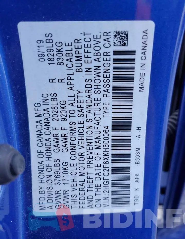 2HGFC2F6XKH600064 Photo# 12