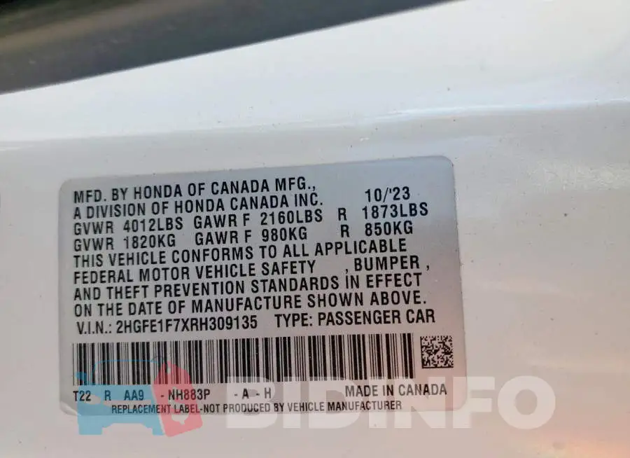 2HGFE1F7XRH309135 Photo# 12