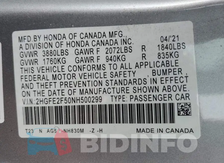 2HGFE2F50NH500299 Photo# 12
