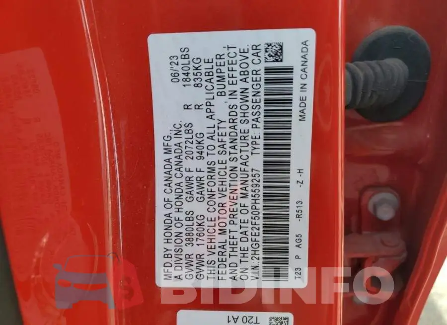 2HGFE2F50PH559257 Photo# 12