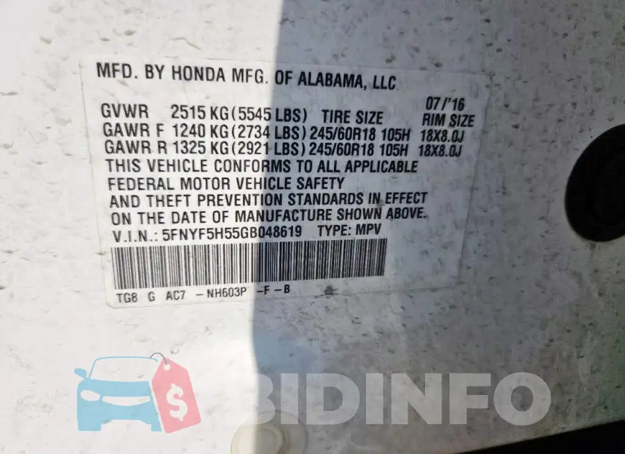 5FNYF5H55GB048619 Photo# 13