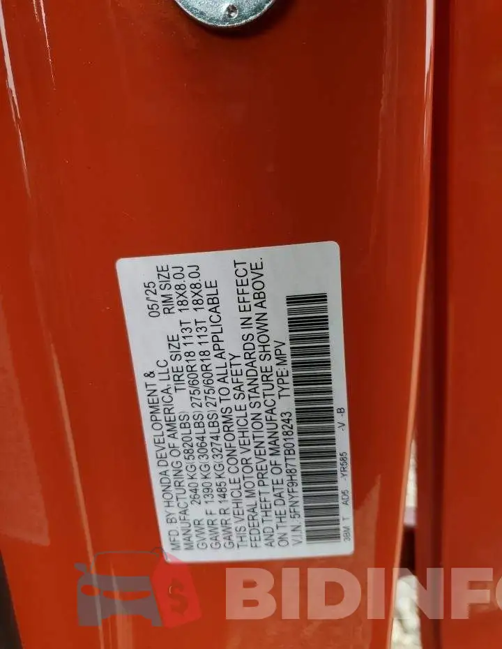 5FNYF9H87TB018243 Photo# 13
